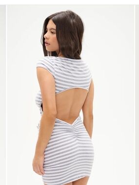 Frankie's Bikinis Gray and White Striped Open-Back Bodycon Dress S NWOT